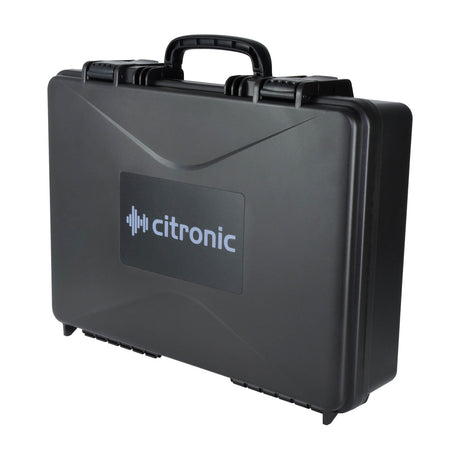 Citronic ABS445 black moulded ABS carry case for mixers with flush moulded handle, sliding latches and printed logo panel on a white background.
