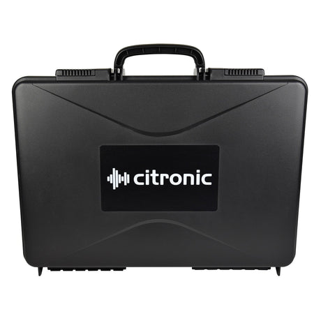 Introducing the Citronic ABS445 Carrycase For Mixer/Mic, designed with a durable black ABS exterior and featuring a convenient handle. The case is highlighted by a white logo in the center, while its segmented foam interior offers optimal protection, making it perfect for securely transporting audio or electronic equipment.