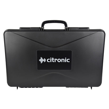 The Citronic ABS525 Carrycase for Mixer/Mic is a sleek black carrying case with a handle, adorned with the Citronic logo and a sound wave design on the front. It features an ABS construction with a segmented foam interior to provide added protective cushioning, ensuring your items are secured safely inside.