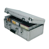 Citronic CDA:60 aluminium flight case by AVSL with open lid, chrome-plated catches, padded handle, and CDs stored upright inside, on a white background.