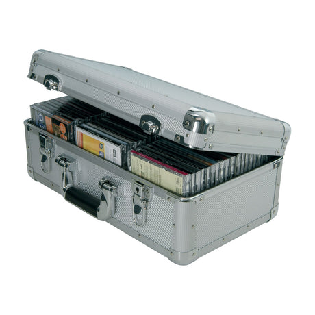Citronic CDA:60 aluminium flight case by AVSL with open lid, chrome-plated catches, padded handle, and CDs stored upright inside, on a white background.