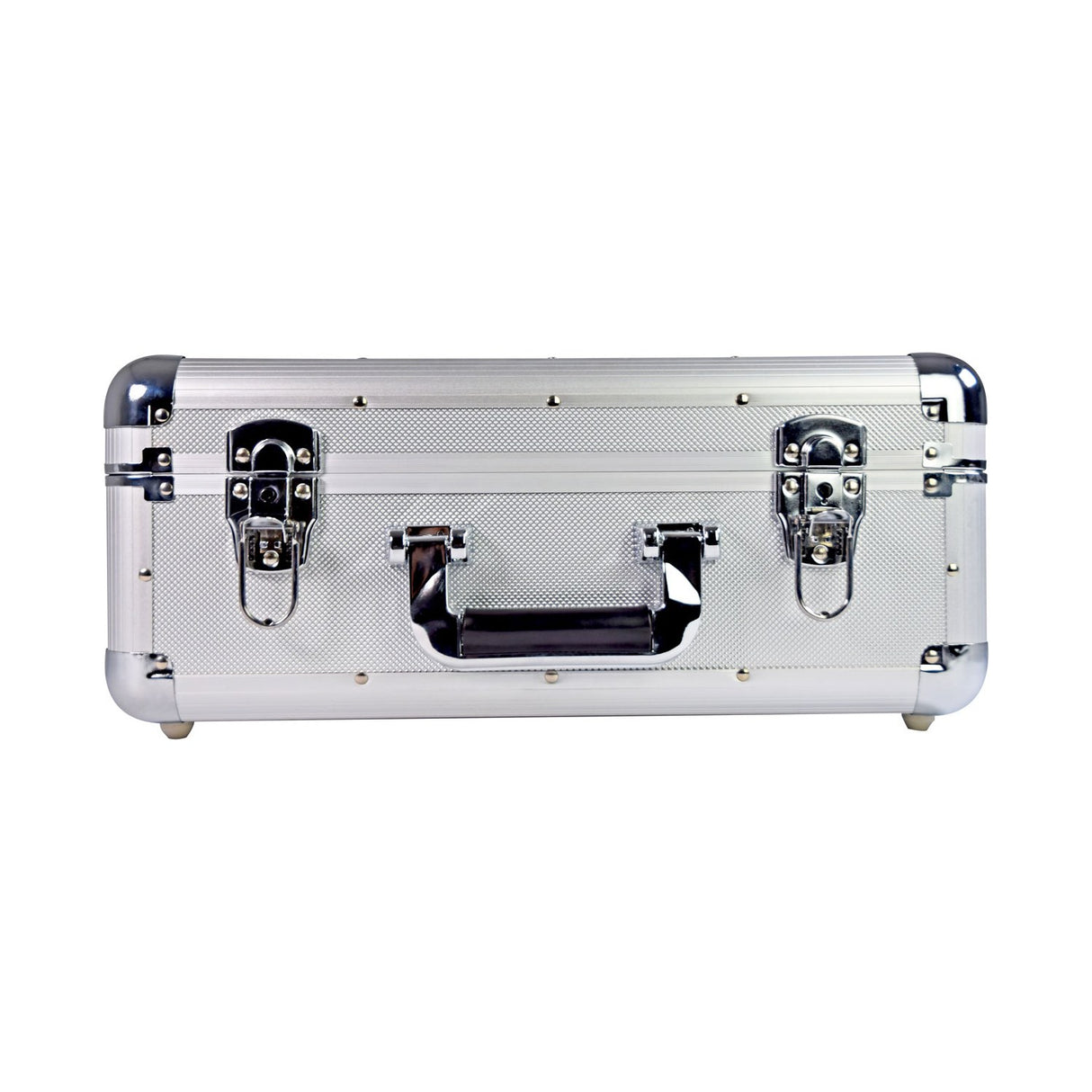 Citronic CDA:60 aluminium 60-CD flight case with diamond-patterned silver shell, chrome corners, twin locking catches and padded carry handle.