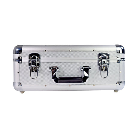 Citronic CDA:60 aluminium 60-CD flight case with diamond-patterned silver shell, chrome corners, twin locking catches and padded carry handle.