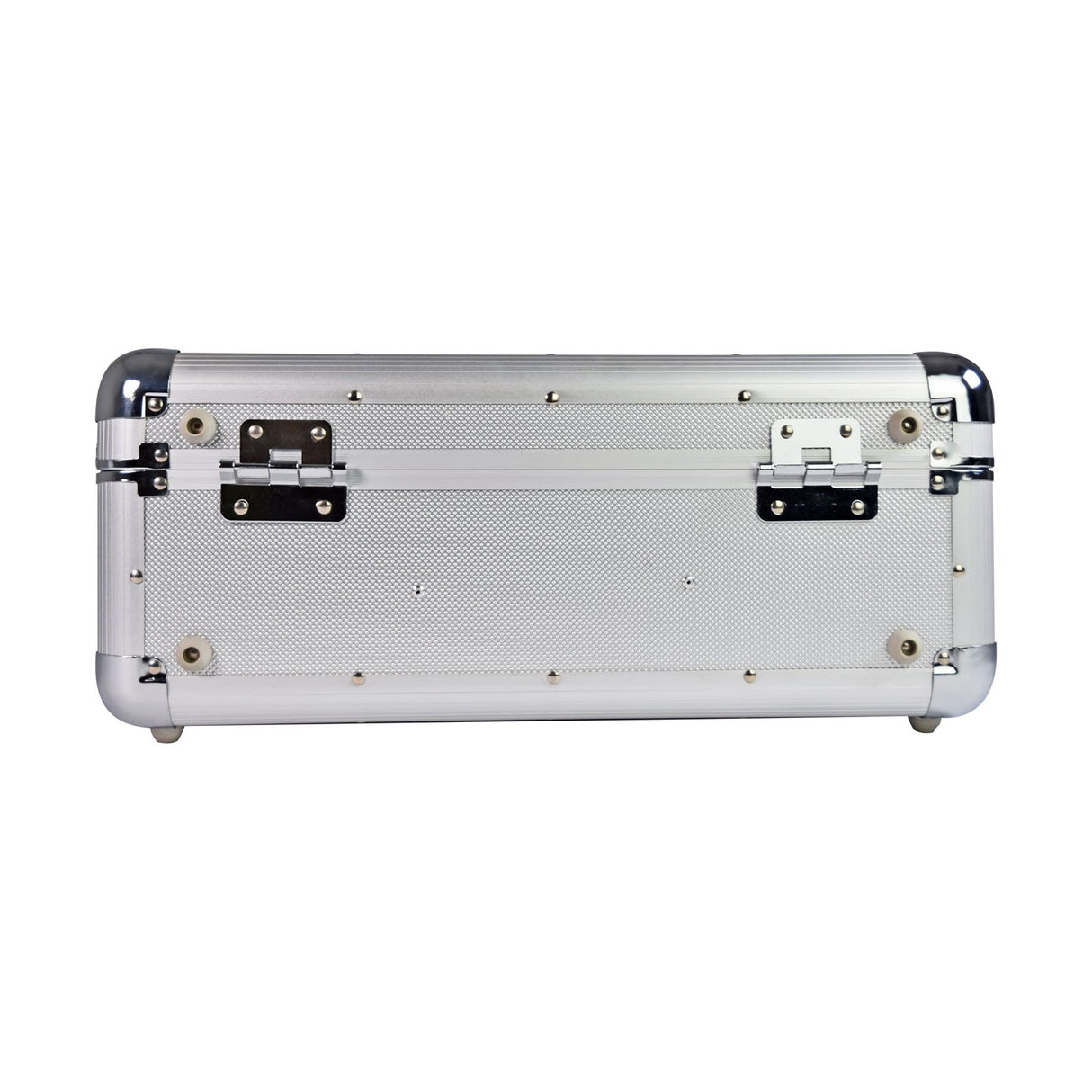 Side view of the Citronic CDA:60 aluminium 60-CD flight case by AVSL, showing the diamond-patterned silver shell, chrome corners and lockable catches.