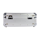 Side view of the Citronic CDA:60 aluminium 60-CD flight case by AVSL, showing the diamond-patterned silver shell, chrome corners and lockable catches.
