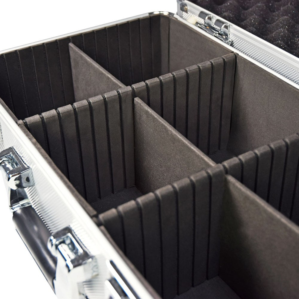 Open Citronic CDA:60 aluminium 60-CD flight case by AVSL, showing padded black-lined interior with adjustable dividers and chrome-plated corners.