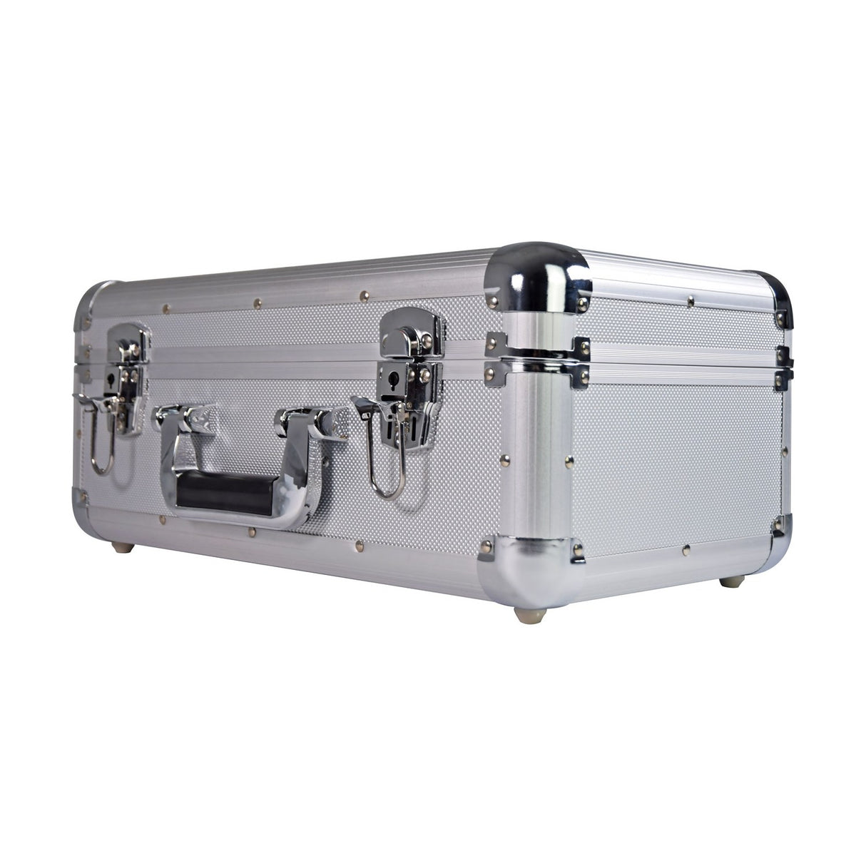 Citronic CDA:60 aluminium 60-CD flight case with diamond-patterned silver shell, chrome corners, lockable catches and padded carry handle on white.
