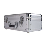 Citronic CDA:60 aluminium 60-CD flight case with diamond-patterned silver shell, chrome corners, lockable catches and padded carry handle on white.