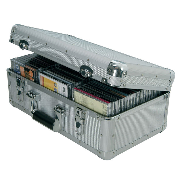 The Citronic Aluminium CD Flight Case, designed to hold up to 60 CDs, is an open silver aluminum case filled with various music CDs in jewel cases, displaying a diverse array of album spines. Ideal for the mobile DJ, it includes a sturdy handle and secure latches for easy transport and protection.