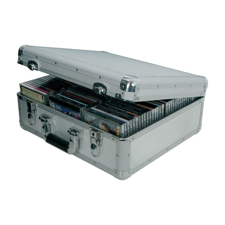 Citronic CDA:96 aluminium flight case with diamond-pattern finish, chrome latches and handle, open lid showing CDs stored in padded compartments.