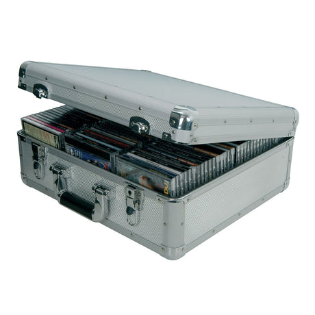 The Citronic Aluminium CD Flight Case, designed to hold up to 96 CDs, is open, showcasing neatly organized rows of CDs inside. Its sturdy black handle and secure latches guarantee safe storage and transport of your CDs.