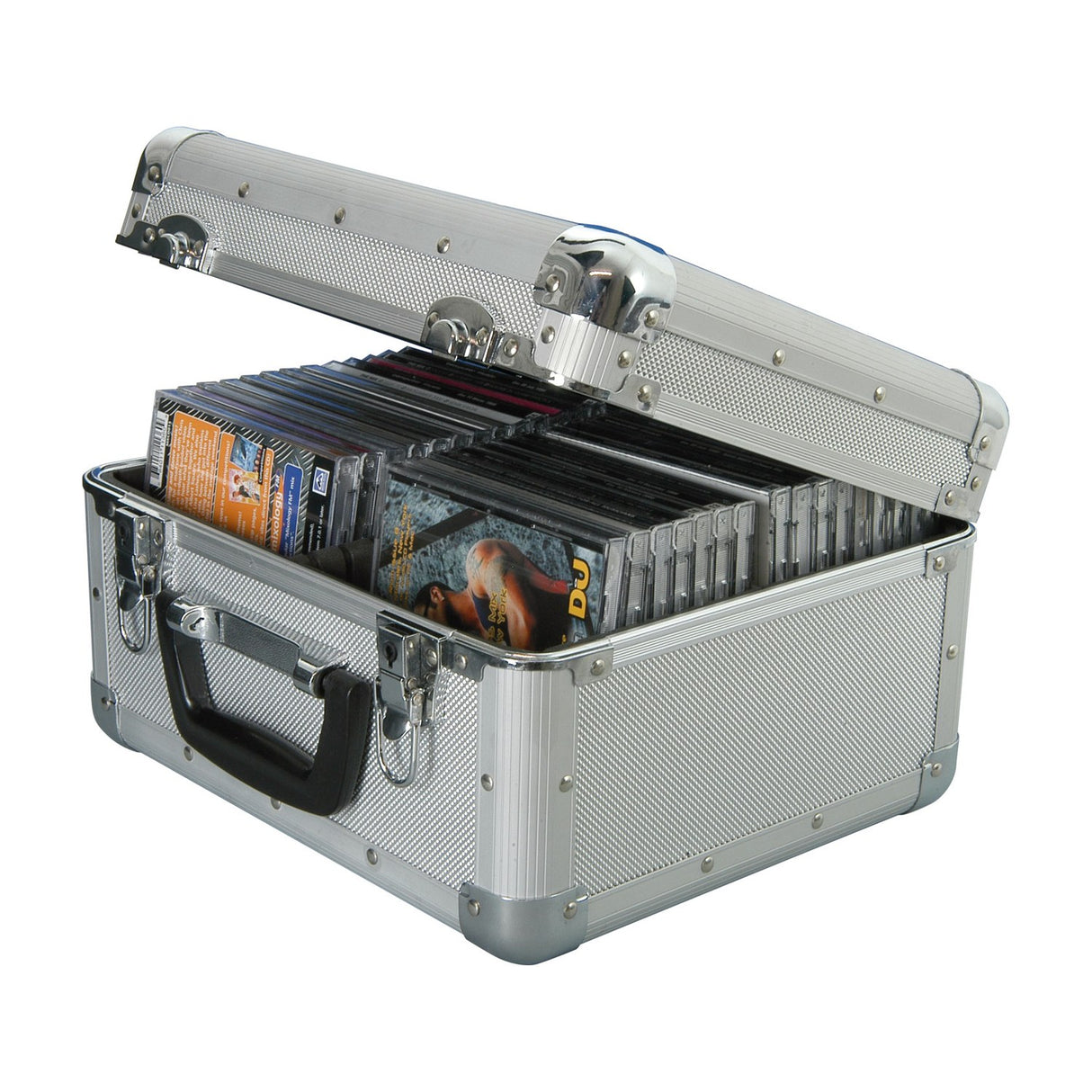 Citronic CDA:40 aluminium CD flight case with diamond patterned finish, chrome hardware, black handle and lockable catches, open showing 40 CDs inside.