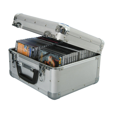 Citronic CDA:40 aluminium CD flight case with diamond patterned finish, chrome hardware, black handle and lockable catches, open showing 40 CDs inside.