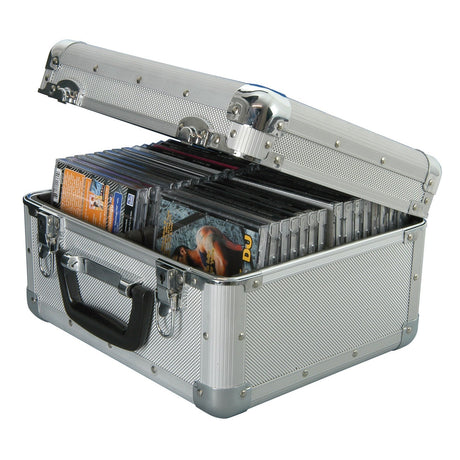 A Citronic Aluminium CD Flight Case designed to hold 40 CDs, featuring an open silver design with a sturdy construction. The aluminium flight case is equipped with reinforced corners for durability, a convenient black handle for easy transport, and a secure latch for safe closure. The CDs are stored vertically inside the case, showcasing their colorful covers from the top.