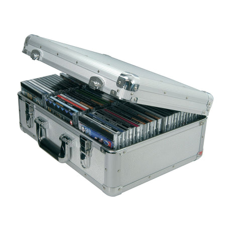 Citronic CDA:80 aluminium CD flight case by AVSL, open with lid raised to reveal rows of CDs inside, chrome catches and cushioned handle visible.