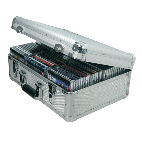 A silver Citronic Aluminium CD Flight Case - 80 CDs is filled with rows of CD cases and features a black handle. The case is tilted slightly, showcasing its lined interior and organized contents. With the lid open, the neatly arranged CDs inside make it an ideal mobile DJ case solution.