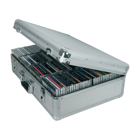 Citronic CDA:120 aluminium CD flight case open to show rows of CDs inside, with chrome catches and cushioned carry handle, on a white background.
