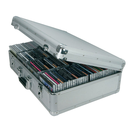 A partially open Citronic Aluminium CD Flight Case - 120 CDs showcases a neatly arranged collection of CDs. This flight case is perfect for CD storage, featuring a sturdy handle and secure latches, making it ideal for mobile DJs on the move.