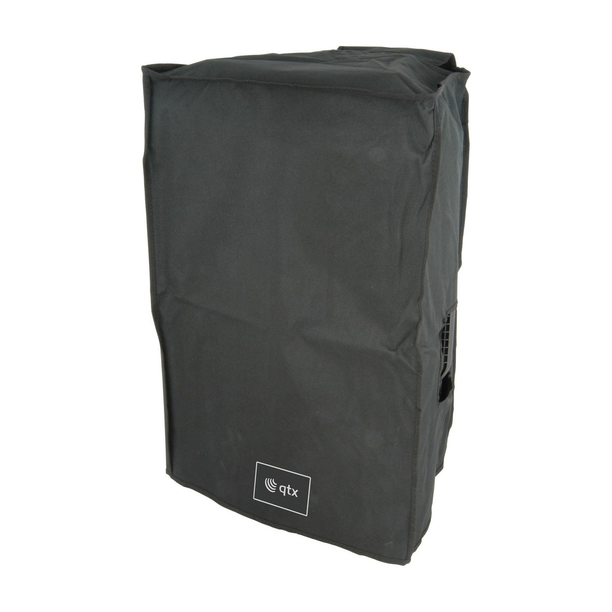 QTX QR15COVER black water-resistant slip-on speaker cover with side handle access hole and front logo label, shown on a plain white background.