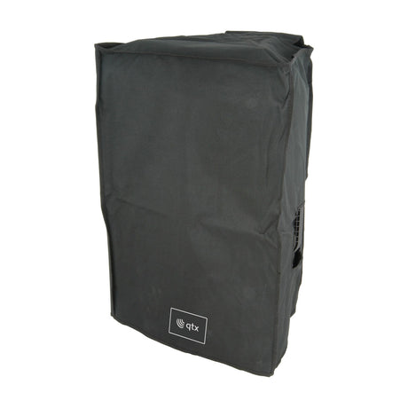 QTX QR15COVER black water-resistant slip-on speaker cover with side handle access hole and front logo label, shown on a plain white background.