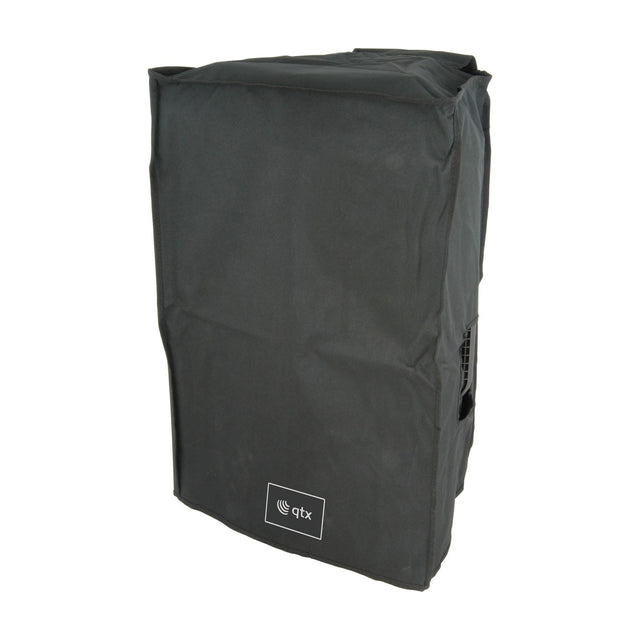 QTX QR15COVER black water-resistant slip-on speaker cover with side handle access hole and front logo label, shown on a plain white background.