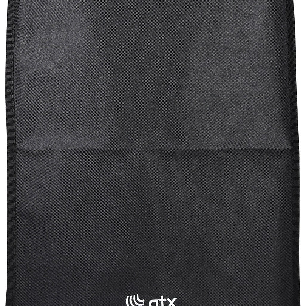 QTX QR12COVER water-resistant slip-on speaker cover in black fabric with handle access opening and small white QTX logo at the base.