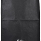 QTX QR12COVER water-resistant slip-on speaker cover in black fabric with handle access opening and small white QTX logo at the base.