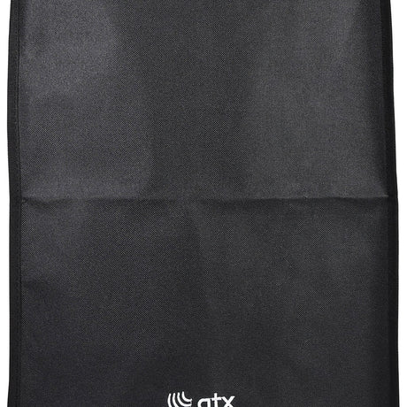 QTX QR12COVER water-resistant slip-on speaker cover in black fabric with handle access opening and small white QTX logo at the base.