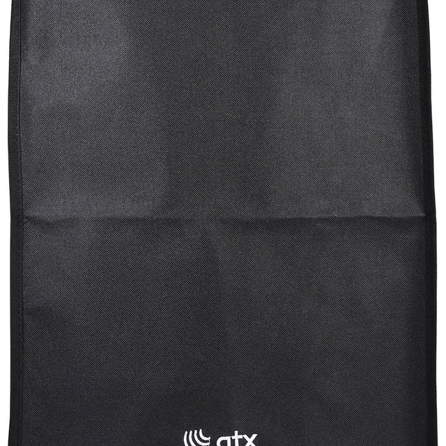 QTX QR12COVER water-resistant slip-on speaker cover in black fabric with handle access opening and small white QTX logo at the base.