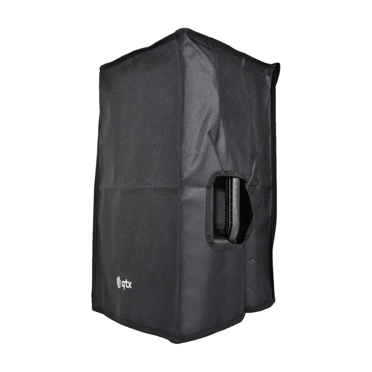 QTX QR12COVER water-resistant black slip-on speaker cover shown from the side with a padded handle access hole and qtx logo on a white background.