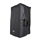 QTX QR12COVER water-resistant black slip-on speaker cover shown from the side with a padded handle access hole and qtx logo on a white background.