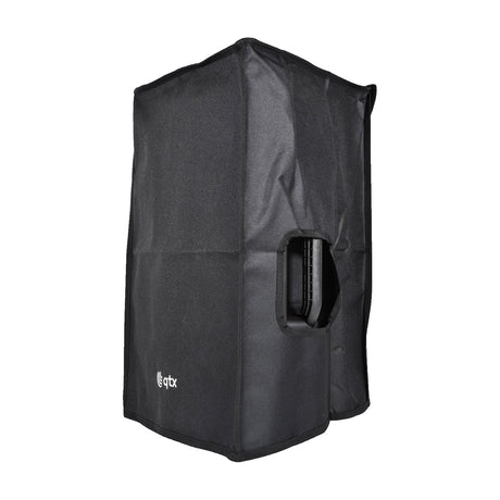 QTX QR12COVER water-resistant black slip-on speaker cover shown from the side with a padded handle access hole and qtx logo on a white background.
