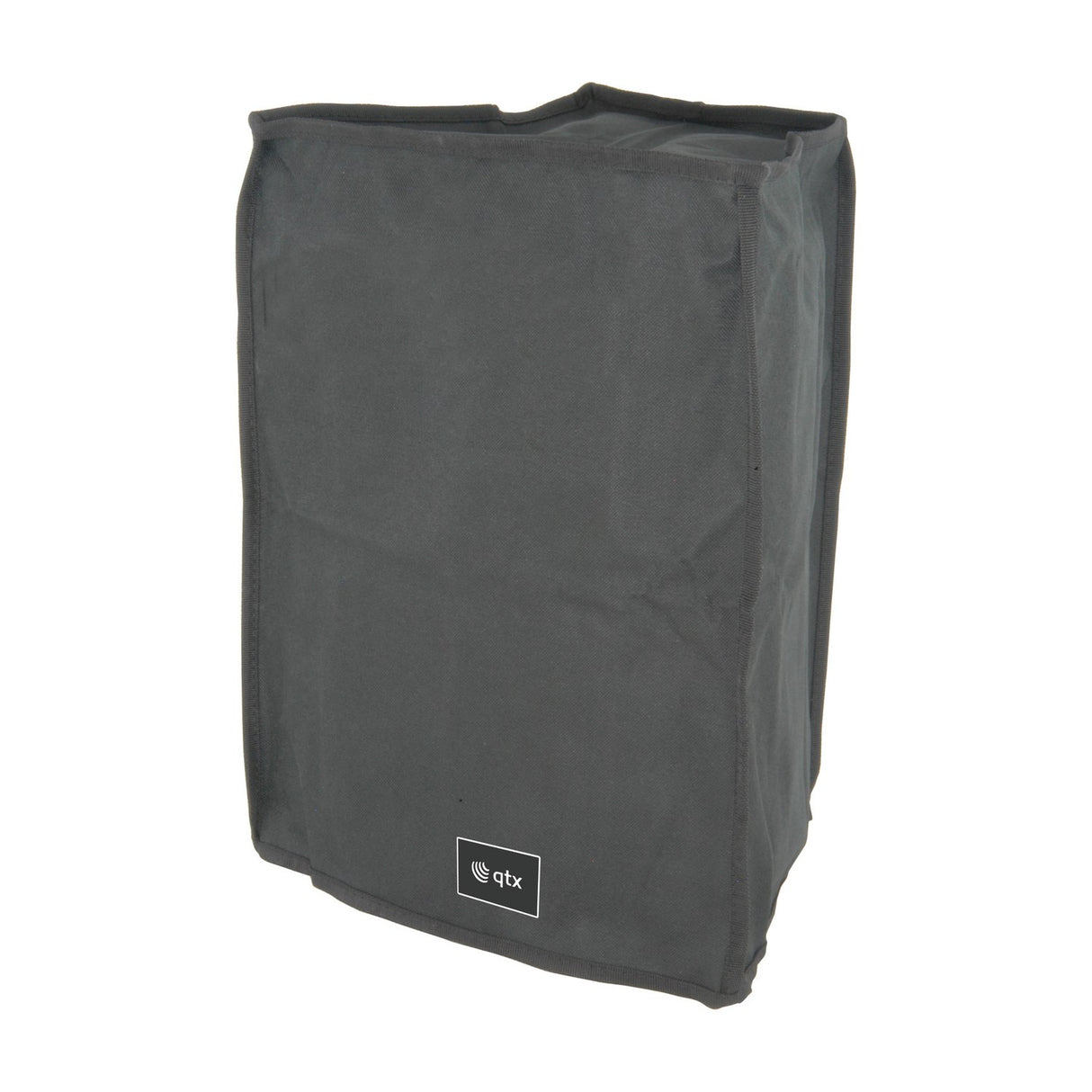 QTX QR8COVER water-resistant black slip-on speaker cover with top handle opening and small qtx logo label, shown on a plain white background.