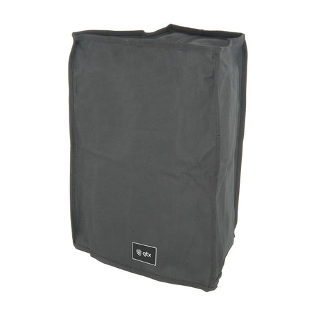 QTX QR8COVER water-resistant black slip-on speaker cover with top handle opening and small qtx logo label, shown on a plain white background.