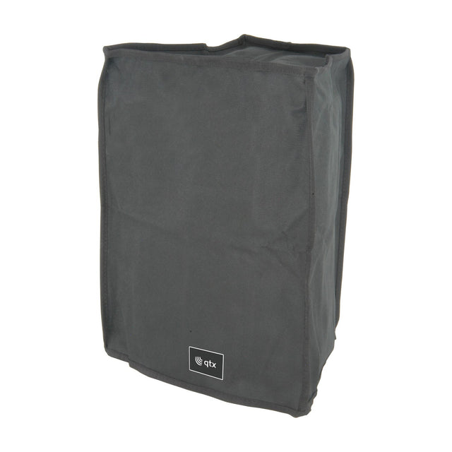 QTX QR8COVER water-resistant black slip-on speaker cover with top handle opening and small qtx logo label, shown on a plain white background.