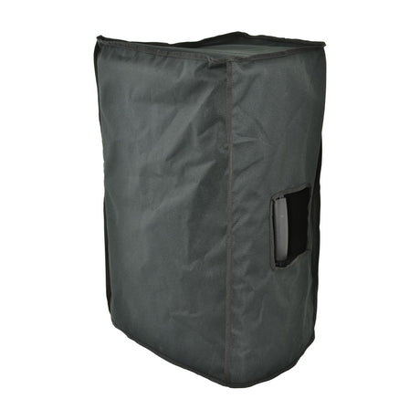 QTX 12COVER water-resistant slip-on cover in black fabric fitted over a 12 inch speaker cabinet, showing side handle access hole on a white background.