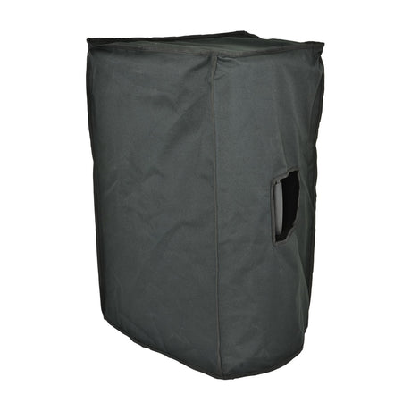 QTX 15COVER water-resistant black slip-on cover fitted over a 15 inch speaker cabinet with side handle access cut-out, shown on a white background.