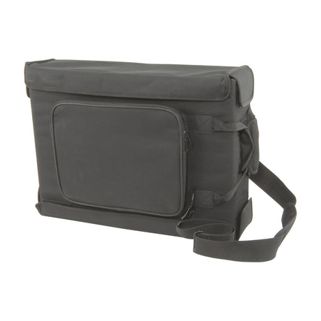Chord RACKBAG2U padded 2U 19" rack bag in black with front zipped pocket, side securing straps, carry handle and shoulder strap, on a white background.
