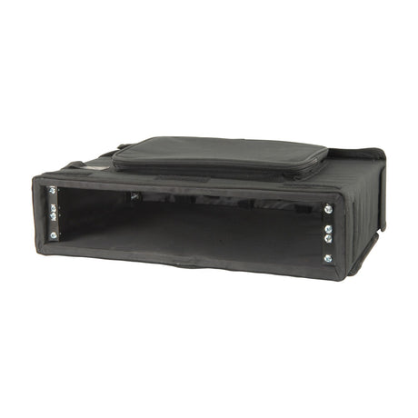 Chord RACKBAG2U padded 2U 19" rack bag shown end-on, revealing the wooden frame interior with metal rack strips and mounting bolts against a white background.
