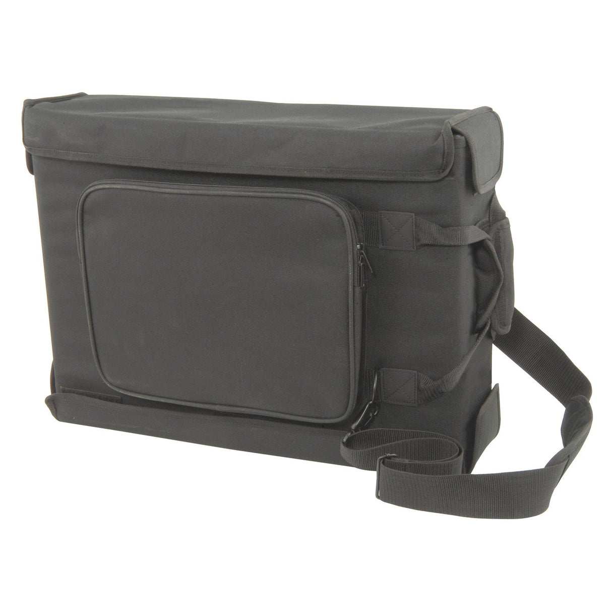 The Chord Rack Bag - 2U is a black rectangular messenger bag featuring a front zippered pocket and a wooden frame. It includes a long adjustable shoulder strap and reinforced handle, making it appear sturdy and ideal for carrying documents or a laptop.