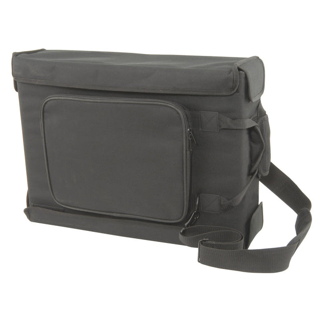 The Chord Rack Bag - 2U is a black rectangular messenger bag featuring a front zippered pocket and a wooden frame. It includes a long adjustable shoulder strap and reinforced handle, making it appear sturdy and ideal for carrying documents or a laptop.