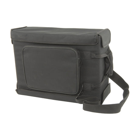 Chord RACKBAG3U 3U padded 19" rack bag in black with front zipped pocket, carrying handle and shoulder strap, shown on a plain white background.