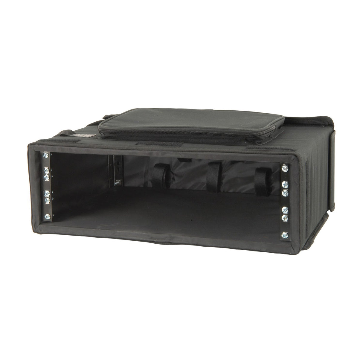 Chord RACKBAG3U 3U padded 19" rack bag by AVSL in black with front flap open, metal rack strips, zipped top pocket and carry handle.