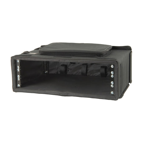 Chord RACKBAG3U 3U padded 19" rack bag by AVSL in black with front flap open, metal rack strips, zipped top pocket and carry handle.
