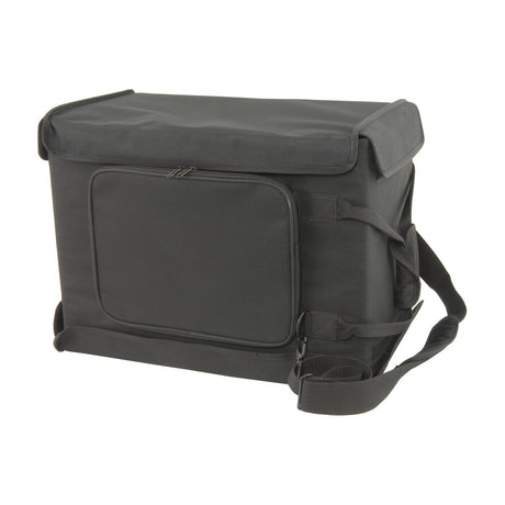 Chord RACKBAG4U padded 4U 19" rack bag in black with front zipped pocket, side securing straps, carry handle and shoulder strap, on a white background.