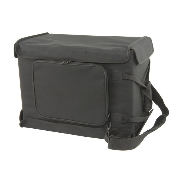 Chord RACKBAG4U padded 4U 19" rack bag in black with front zipped pocket, side securing straps, carry handle and shoulder strap, on a white background.