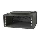 Chord RACKBAG4U padded 4U 19" rack bag in black with front flap open, showing metal rack strips with bolts and internal wooden frame.
