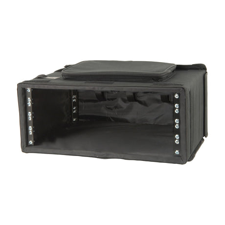 Chord RACKBAG4U padded 4U 19" rack bag in black with front flap open, showing metal rack strips with bolts and internal wooden frame.