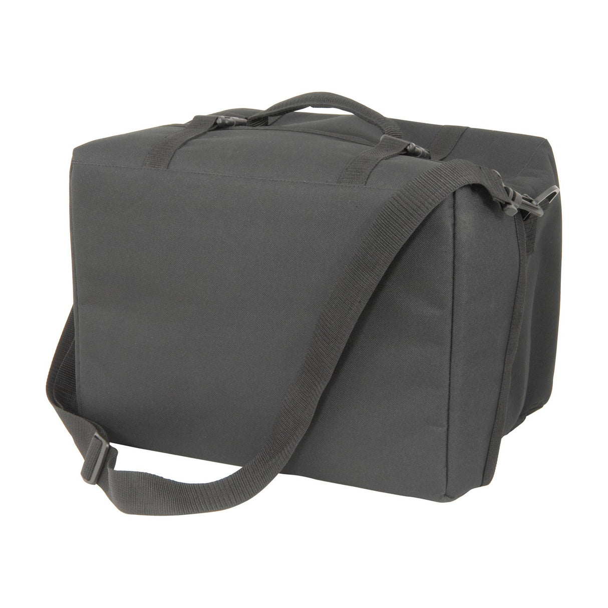 Chord MLBAG6 padded black transit bag for six microphones with top handle, adjustable shoulder strap and fastening straps, on a white background.
