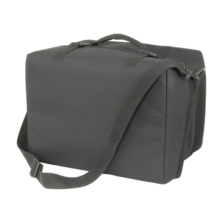 Chord MLBAG6 padded black transit bag for six microphones with top handle, adjustable shoulder strap and fastening straps, on a white background.